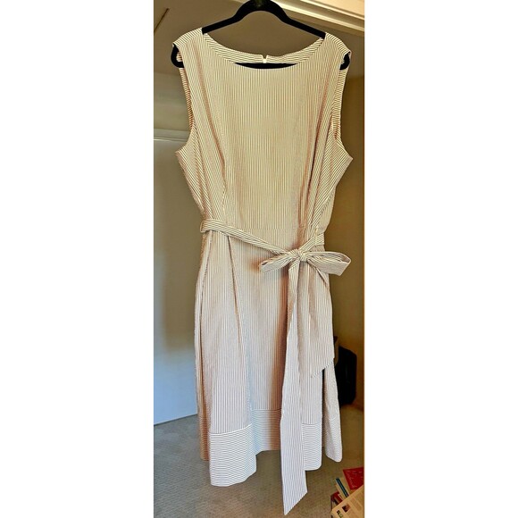 Anne Klein Women Sleeveless Seersucker Dress Blue White Pinstripe Belted Size 24 - Picture 1 of 11